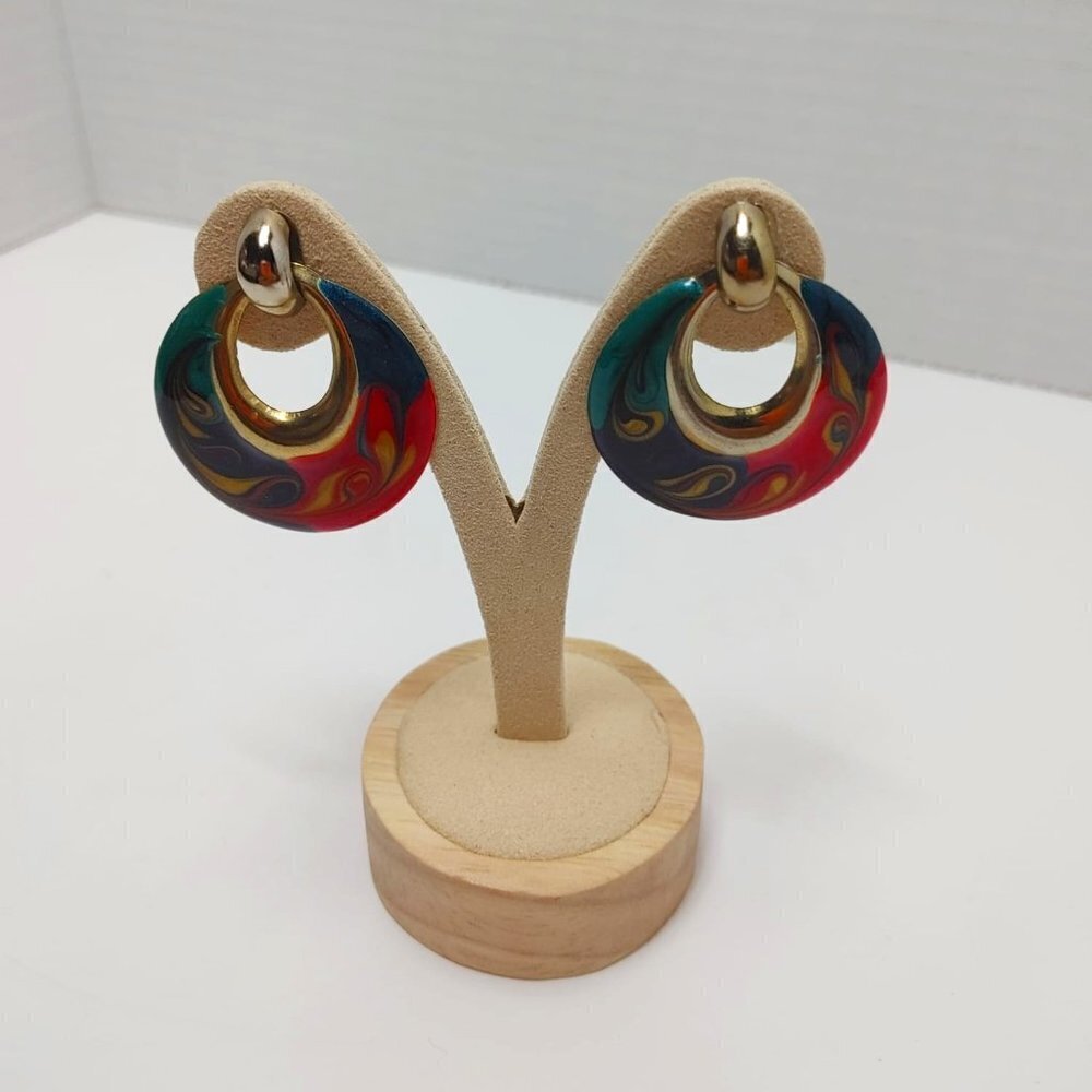 5/$25 Vintage RETRO 1980's Dangle Earrings Gold Tone Blue Pink Green Enamel